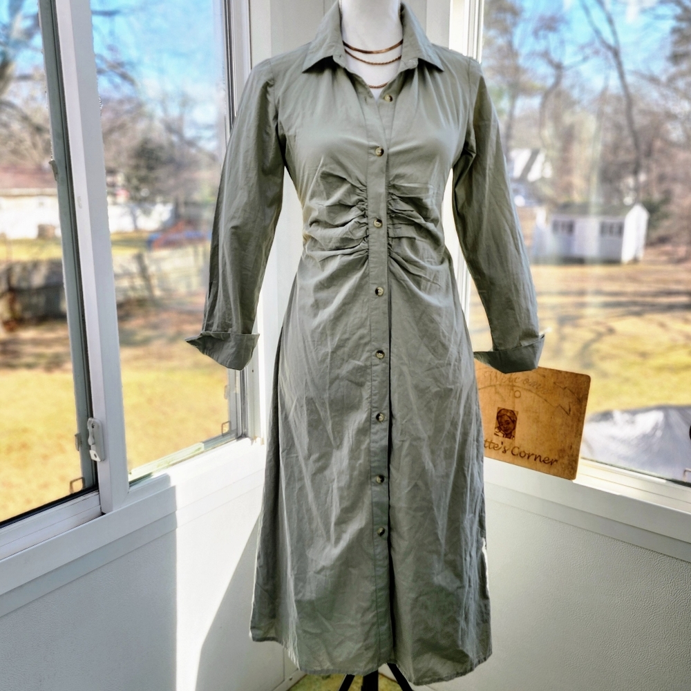 Sim & Sam Cotton Sage Green Ruched Midi Shirt Dress